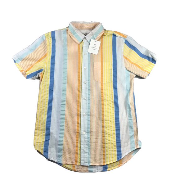 Free Assembly Shirt Men's Small Yellow Striped Seersucker Cotton Button Up - Picture 12 of 12